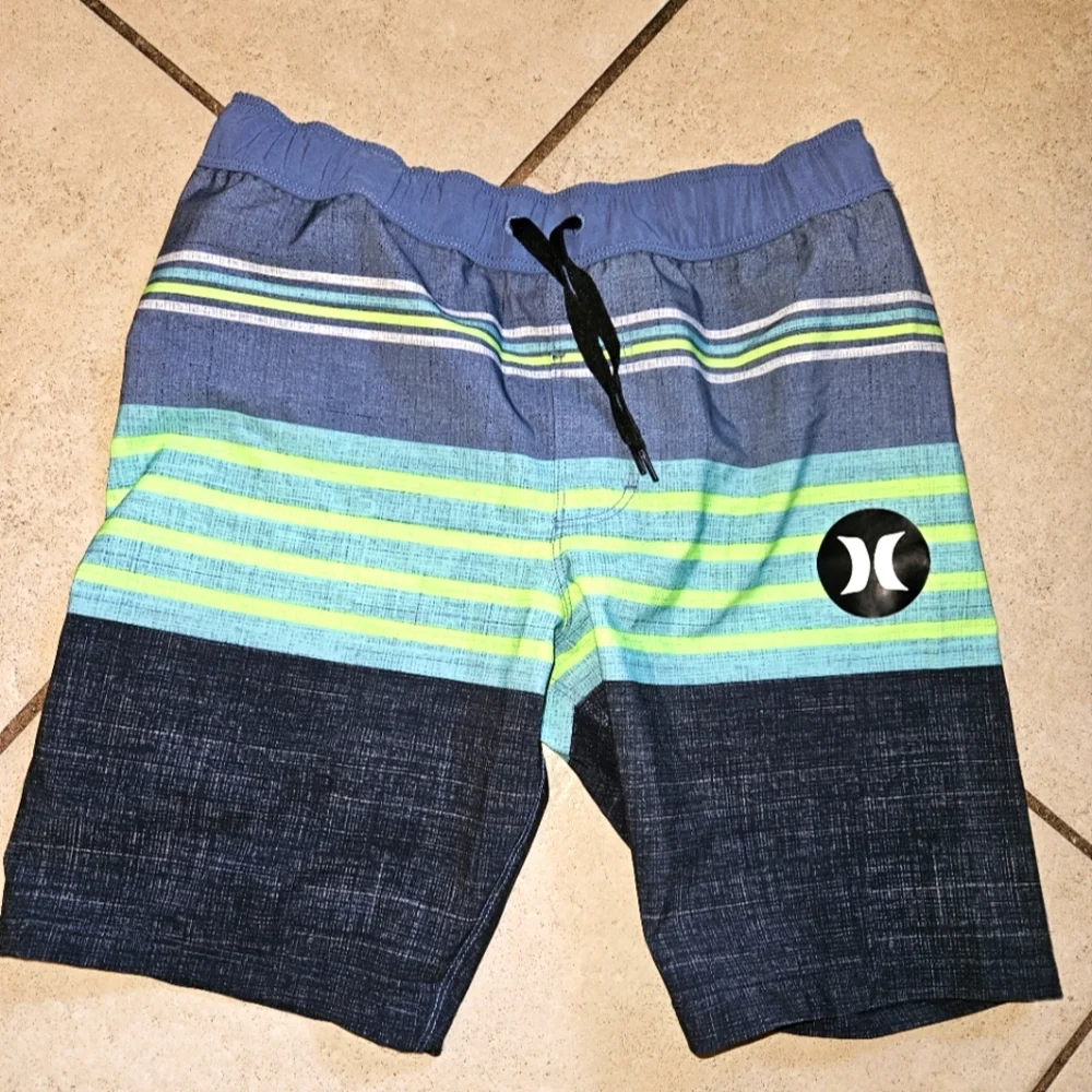 Hurley Boy's Board Shorts Size 7/8 Blue Striped with Logo Back Flap Pocket